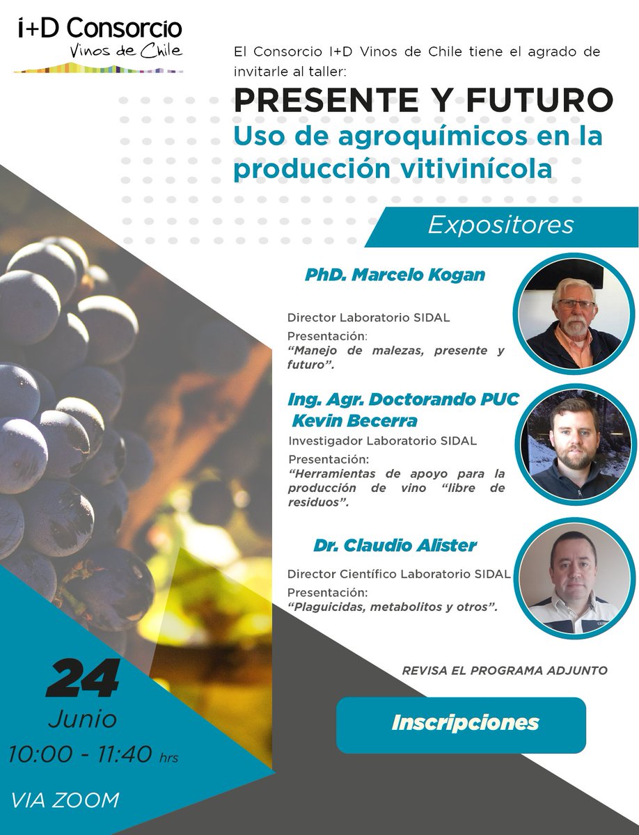 Consorcio I+D Vinos de Chile (@consorciovinos) on Twitter photo <a href="/ConsorcioVinos/">Consorcio I+D Vinos de Chile</a> te invita al Taller: Presente y Futuro, uso de agroquímicos en la producción vitivinícola.
Inscribete aquí: us02web.zoom.us/webinar/regist… <a href="/ConsorcioVinos/">Consorcio I+D Vinos de Chile</a> te invita al Taller: Presente y Futuro, uso de agroquímicos en la producción vitivinícola.
Inscribete aquí: us02web.zoom.us/webinar/regist…
