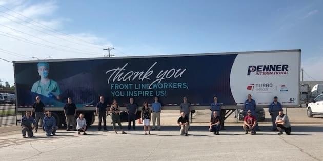 PennerInt's tweet photo. Look for this beautiful trailer on the hwys as our way to show appreciation for our #FrontlineWorkers! This was was a coordinated project with #TurboImages, who wraps all our trailers using #3M products. We thank both companies for their assistance on this! So proud showcase it! https://t.co/Th3JcKuDyi