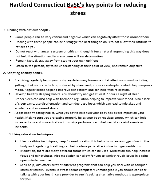 UPS_CTBaSE's tweet photo. We all know times are stressful and in an effort to help CT BaSE has summarize a few good ways to help you beat the stress. #NEDreducestress @safetyfirstNED @NortheastBaSE https://t.co/s20VXgdVzf