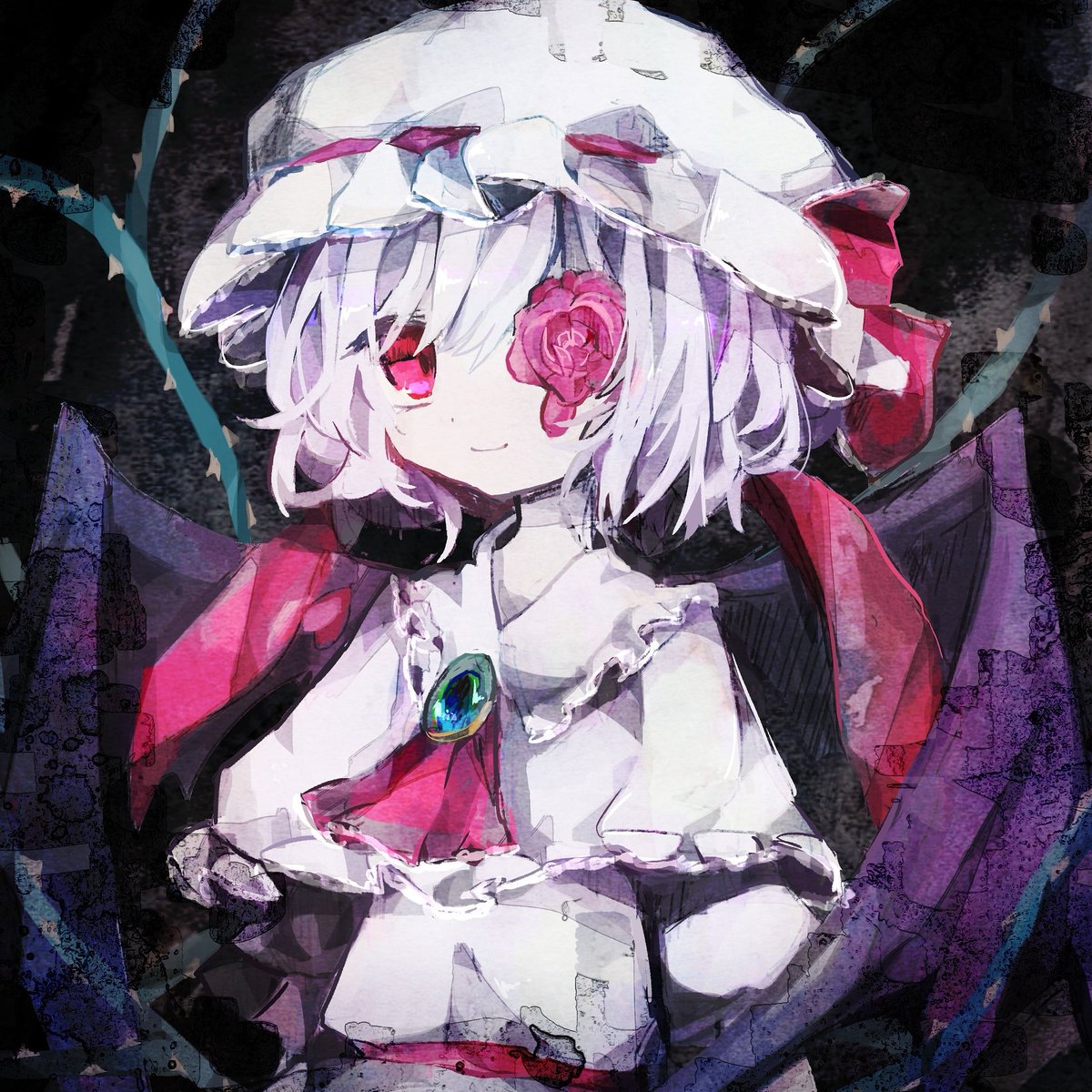 remilia scarlet 1girl solo hat flower wings rose ascot  illustration images