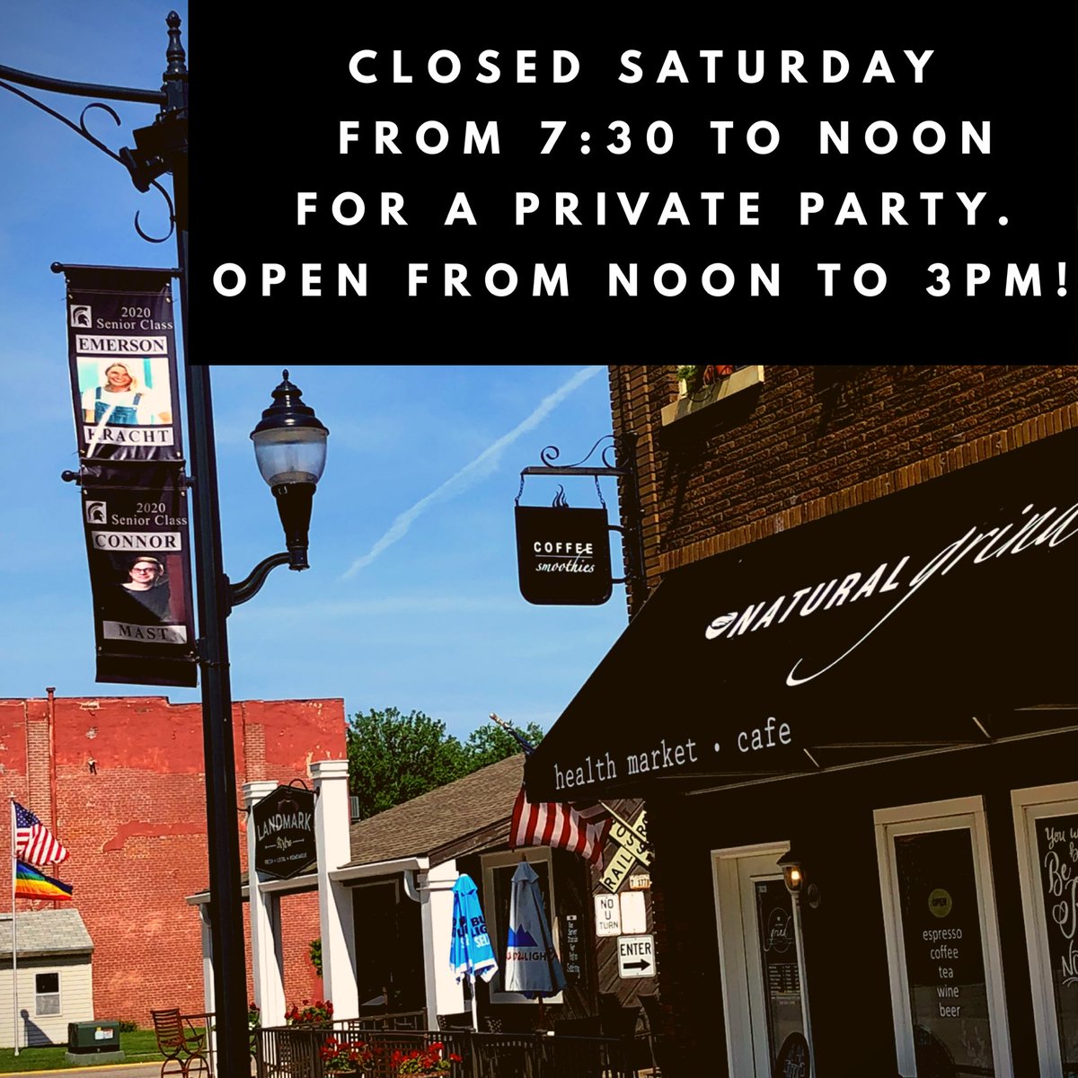GrindNatural's tweet photo. Natural grind closed Saturday morning until noon for Emerson’s graduation party! Please come see us for lunch or after 1pm for our special... buy one large drink or smoothie and  get one 1/2 off from 1pm to 3pm! https://t.co/vCj0Ocz1TD