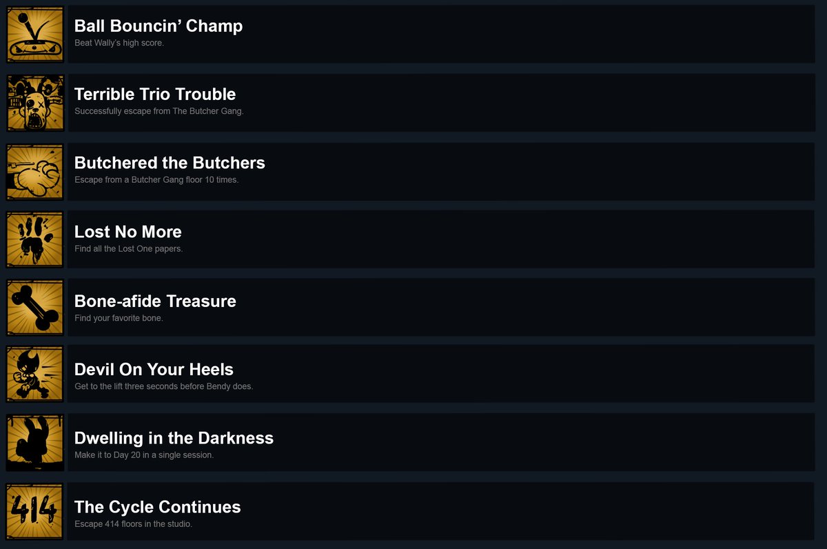 Gamerboy1234565's tweet photo. I like BATDS, but I really need those achievements to feel validation for my surviving so I made up 20 of my own (sad I know but hey what you gonna do?).

I'm rocking 14/20 myself but how about you lot?
Or if you have other achieve ideas let me know ; )
@themeatly #BATDS #BATIM https://t.co/DQ2l97QCzR