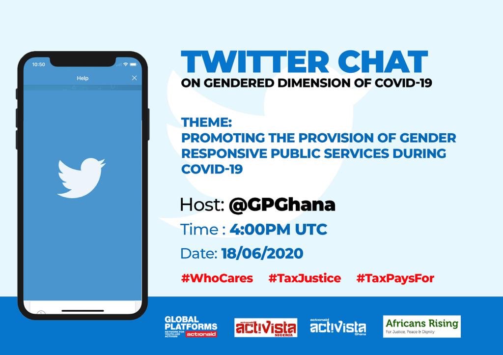 valormann's tweet photo. Join @GPGhana #tweetchat on “Promoting Gender Responsive Public Services” @4pm UTC 
#Whocares #TaxPaysFor #TaxJustice https://t.co/pOjeCHVeGS