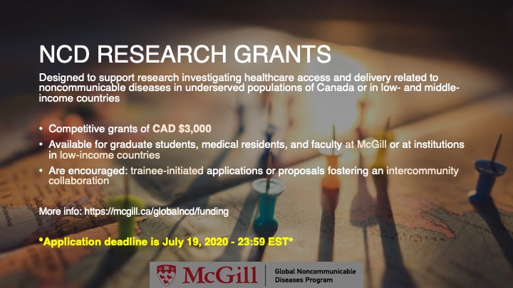 McGillNCD's tweet photo. Looking for funding to conduct #research on #NCDs in underserved communities?

Call for NCD research grants NOW OPEN

For graduate students, residents, and faculty at #McGill or in low- and lower middle-income countries (#LLMIC)

more info: https://t.co/nz6FO4C48r https://t.co/I4MngLO7OM