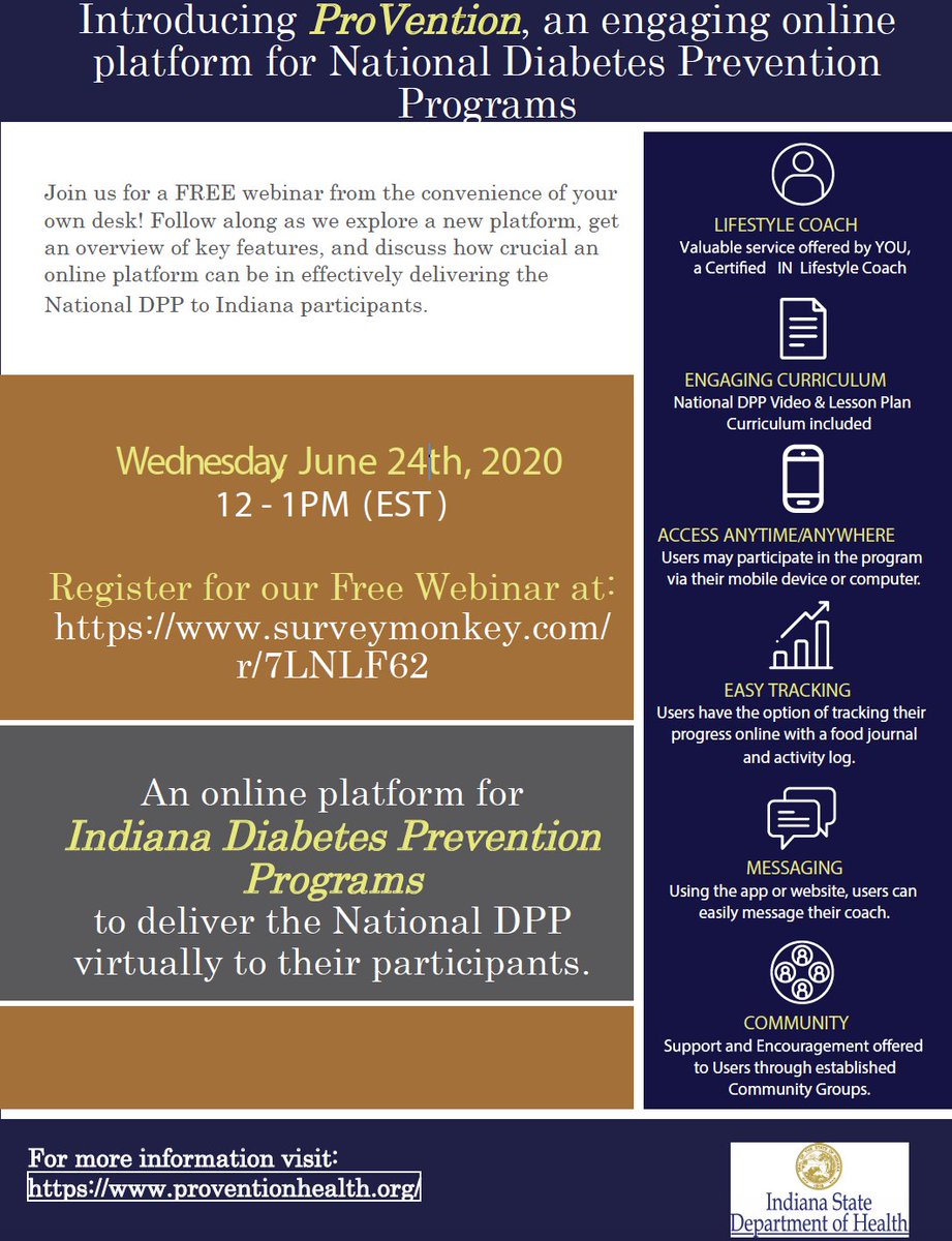 IndianaAADE's tweet image. Looking for a way to virtually engage participants in a diabetes prevention program? Join a free webinar from ProVention, scheduled for Wednesday June 24 at noon.