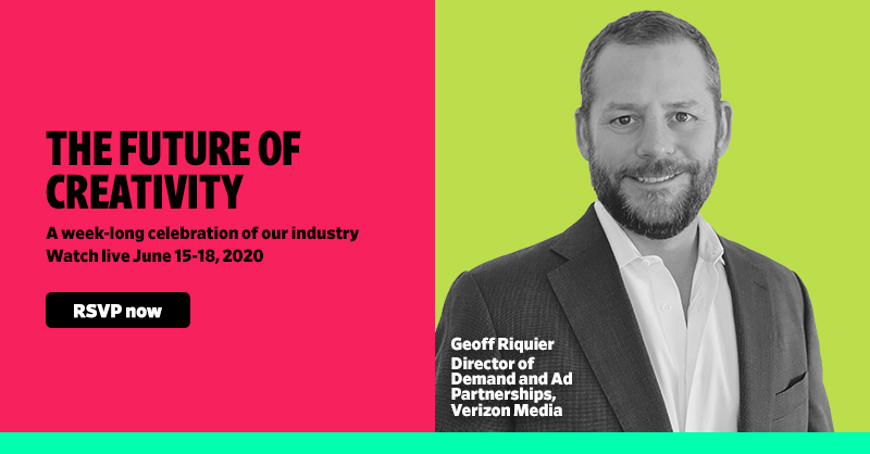 yahooads's tweet photo. Happening now - Verizon Media's own Geoff Riquier joins @adage The Future of Creativity to discuss how to creatively meet consumers where they are. Join now: https://t.co/7dDkX1HRwu #AdAgeCreativity https://t.co/bbvt9Be7s0