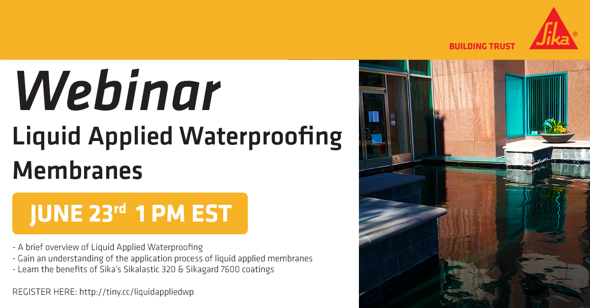 Sika_USA's tweet photo. Register for Sika’s Liquid Applied Waterproofing Membranes to learn the benefits of our Sikalastic 320 and Sikagard 7600 coatings!👷 https://t.co/vrLIlYxI4Z #LiquidAppliedWaterproofing #Waterproofing #FluidApplied #FluidAppliedWaterproofing #Construction #SikaUSA https://t.co/2O33rYbTII