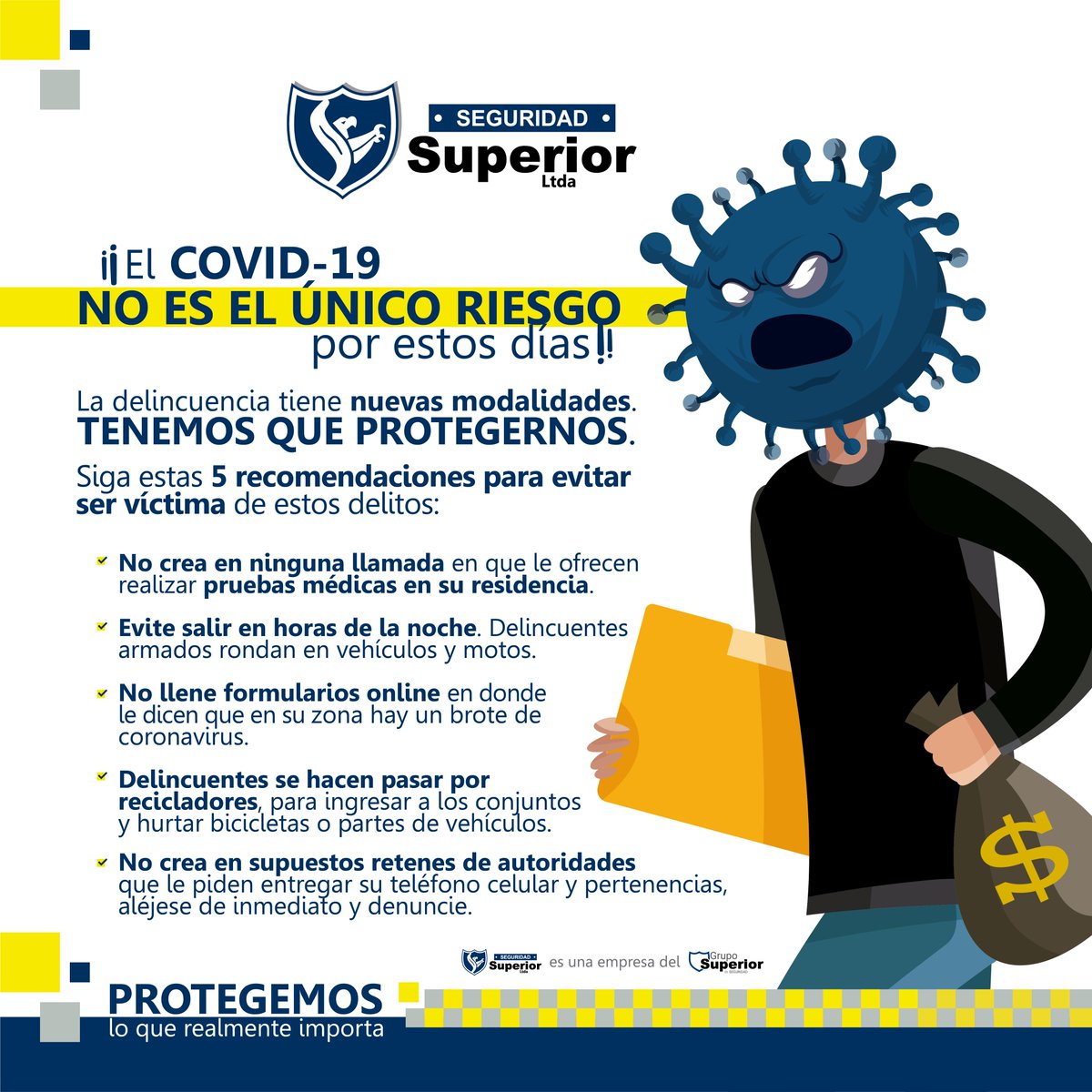 ¿Ya conoce las modalidades de robo más 𝘂𝘁𝗶𝗹𝗶𝘇𝗮𝗱𝗮𝘀 en tiempos de Covid-19? 😷 No caiga en manos de la delincuencia. 👮‍♂️👮‍♀️ ¡Protegemos lo que realmente importa! #modalidades #delictivas #robo #Covid-19 #propiedad #horizontal #llamadamillonaria #formularios #recicladores
