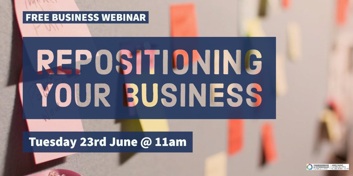 Does your business need to adapt to new ways of working? There is still time to join the Cambridgeshire &amp; Peterborough Combined Authority free business webinar on "Repositioning your Business" on Tuesday 23rd June at 11am. Register here: bit.ly/3fx90rJ