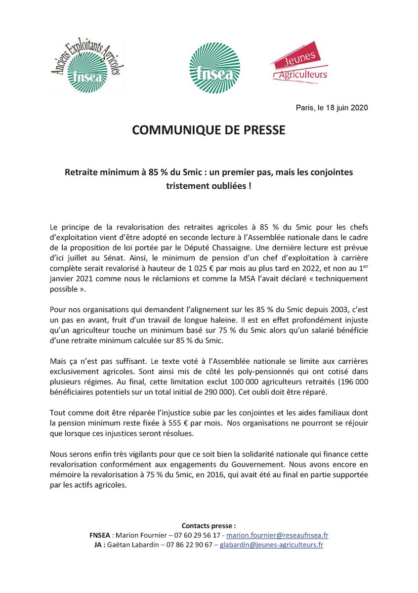 FNSEA's tweet photo. [#CP] #Retraite minimum à 85 % du Smic : un premier pas, mais les conjointes tristement oubliées ! ➡️ https://t.co/H2InED4ZQr https://t.co/2GCe02lGcV