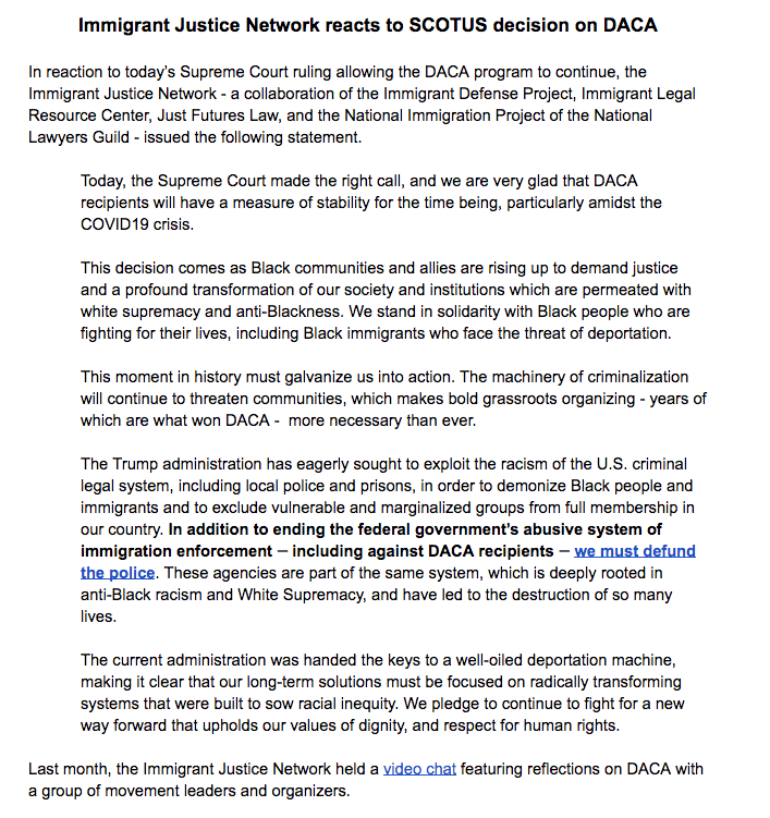 ImmJustice's tweet photo. Our statement on today's #SCOTUS decision allowing #DACA to continue! https://t.co/enzWrCfELS