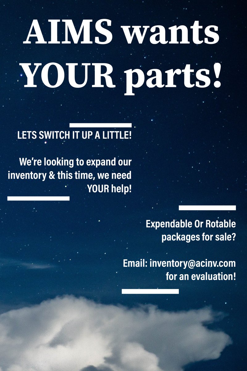 Acinv's tweet photo. We want your parts! We’re looking to expand our inventory of 500,000+ line items and we need your help growing! We’re looking for expendable or Rotable packages for sale!

email: inventory@acinv.com for an evaluation! https://t.co/M1ugRLpj1x