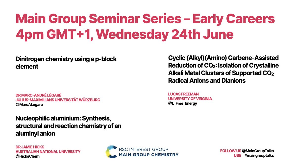 MainGroupTalks's tweet photo. Thanks to everyone who attended our seminar yesterday. Next week at 4pm UK time we have extra an Early Career seminar featuring three great speakers - @L_Free_Energy, @HicksChem and @MarcALegare. Details below, and register here if you haven't already: https://t.co/6swoFDIpJk https://t.co/Ohm3BH0CmJ