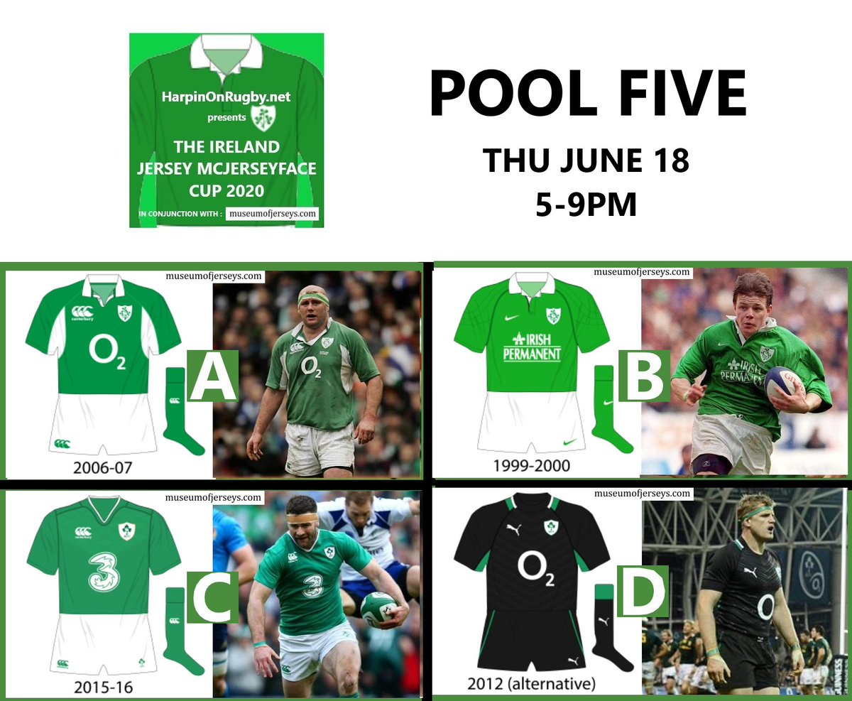 Harpin' On Rugby (@harpinonrugby) on Twitter photo Time for Pool 5 in the Ireland Jersey McJerseyface Cup.
Winner makes the quarterfinals, runner-up needs at least 29.2% to stay in contention.
Graphics courtesy of <a href="/museumofjerseys/">Museum of Jerseys</a>
Vote for your preferred design in the next tweet in the thread π Time for Pool 5 in the Ireland Jersey McJerseyface Cup.
Winner makes the quarterfinals, runner-up needs at least 29.2% to stay in contention.
Graphics courtesy of <a href="/museumofjerseys/">Museum of Jerseys</a>
Vote for your preferred design in the next tweet in the thread π