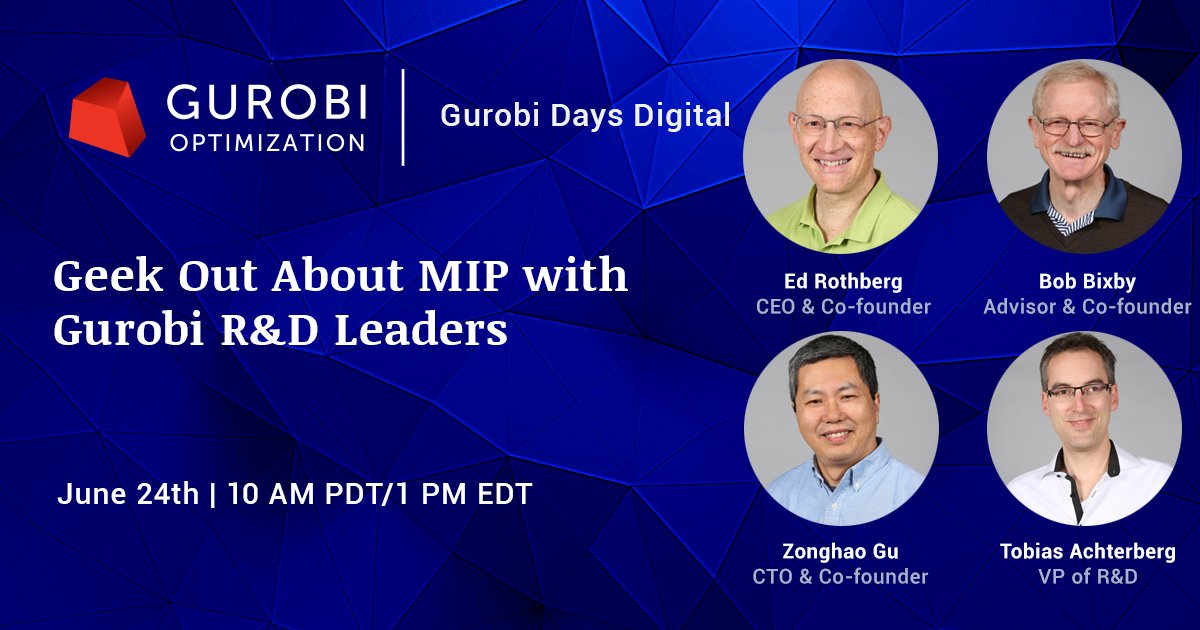 gurobi's tweet image. Don&apos;t miss this opportunity to learn all about mixed-integer programming with Gurobi&apos;s R&amp;amp;D Leaders at our Gurobi Days Digital Event! 
@AchterbergT
 
bit.ly/2YKtx5m #MIP #mixedintegerprogramming #optimization #mathematicaloptimization #AI #datascience  #operationsresearch