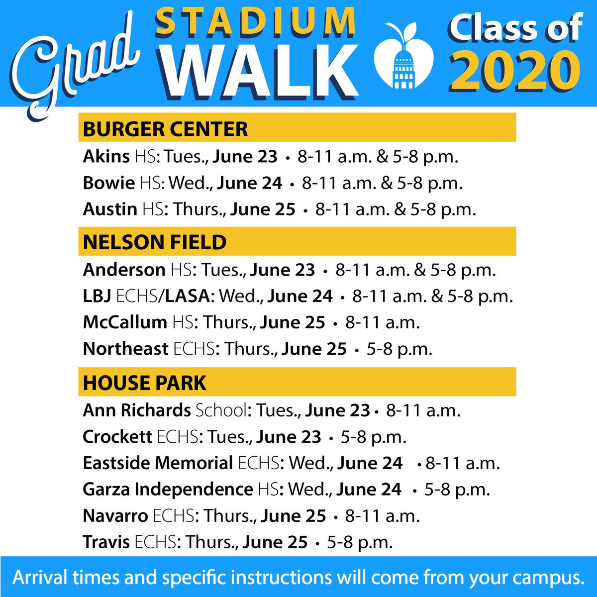 AustinISD's tweet photo. AISD to Hold Graduation Walks June 23-25

Following social distancing guidelines, the AISD Class of 2020 will have the opportunity to walk across the stage in their cap and gown and celebrate with loved ones. 

More info: https://t.co/xa4ZUK0YWu

#AISDProud #WeAreAISD #SomosAISD https://t.co/lICcl24bcQ