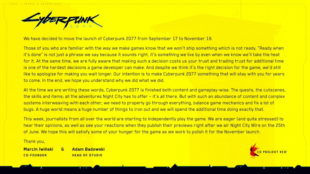 Cyberpunk 2077 отложили до 19 ноября