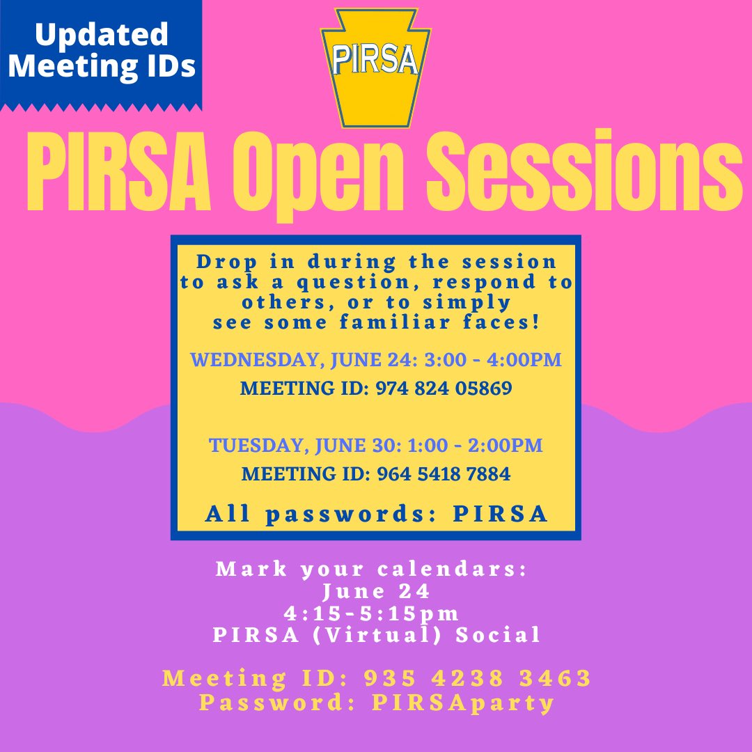 PIRSArec's tweet photo. Updated Zoom Meeting IDs for 3 upcoming PIRSA opportunities. We hope to see you soon! https://t.co/hdOQc5snE6
