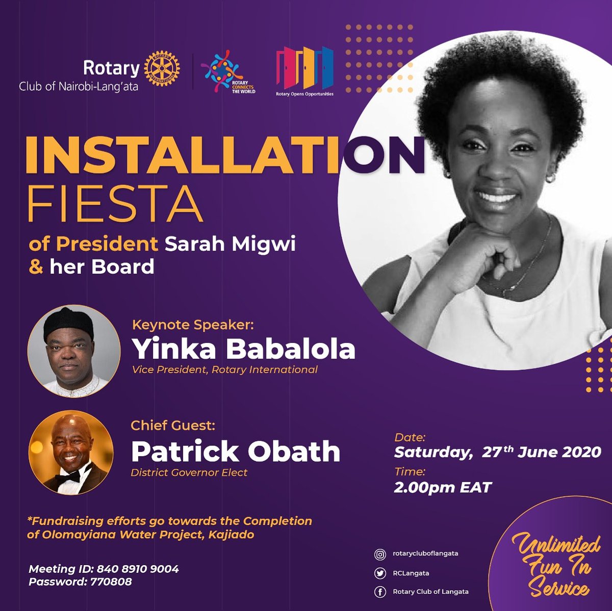 RCLangata's tweet photo. Join us for the installation of President Sarah Migwi on the 27th of June 2020. We will have an unprecedented installation unlike any other in style. All our Fundraising efforts will be geared towards the Olomayiana Water Project in Kajiado. https://t.co/xSlWBBbwgh