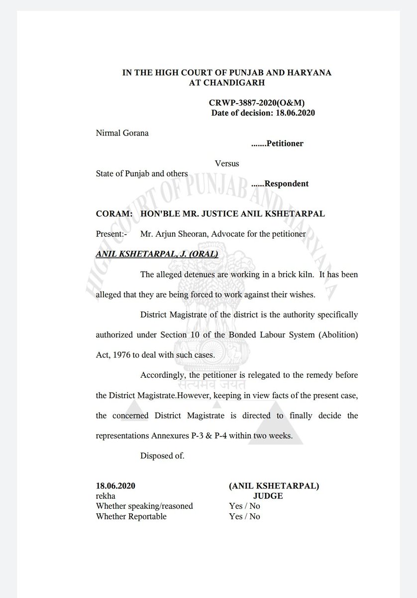 And this is the Order passed by the Court. Giving the DM 2 royal weeks to decide the representations. Habeas Corpus (in re Kashmir or otherwise) & bonded labour seems to be relegated to the bottom of pile.