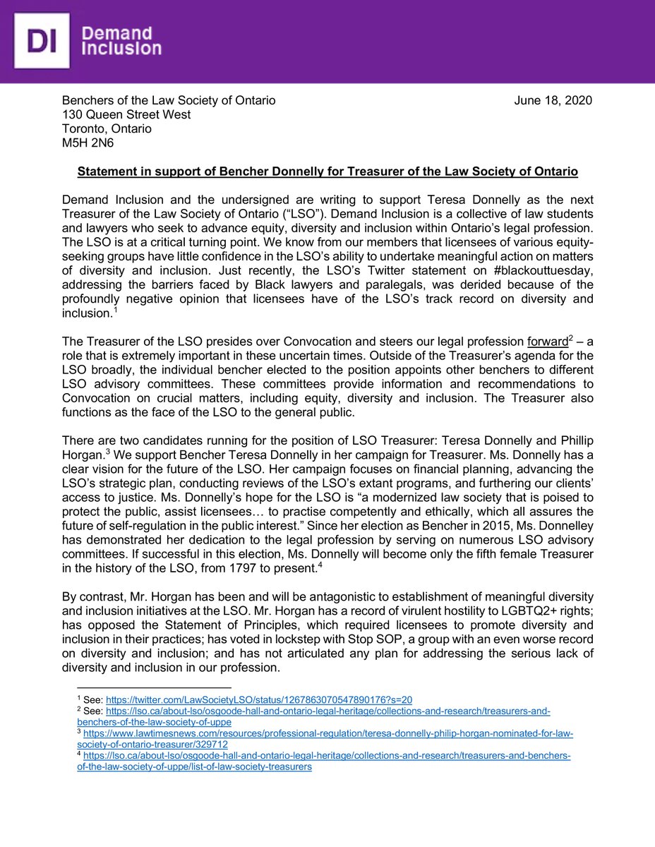 DemandInclusion's tweet photo. 🟣 Our statement on the June 26, 2020 @LawSocietyLSO treasurer election. We endorse Bencher Donnelly. https://t.co/MhlkWhMcOn