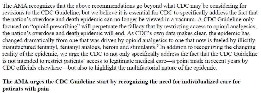 ChadDKollas's tweet photo. Here is a link to the AMA's strong comments to @CDCgov regarding "perspectives on and experiences with pain and pain management" in light of the 2016 CDC Pain Guidelines. 

https://t.co/NiegPF05vS https://t.co/xGvAehlMXg