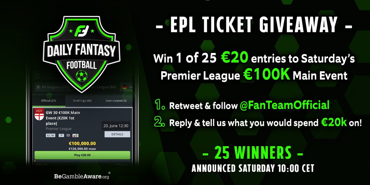 FanTeamOfficial's tweet photo. We’re giving away 2️⃣5️⃣ €20 tickets to this Saturday’s €100K Main Event on https://t.co/SYxvLrmTgj, which has a 1st place prize of €20,000!

To enter...

1️⃣ Retweet this tweet

2️⃣ Reply &amp; tell us what YOU would spend €20K on!?

🎫 Winners announced Saturday at 10:00am CET. https://t.co/8CwvJ2FdSA