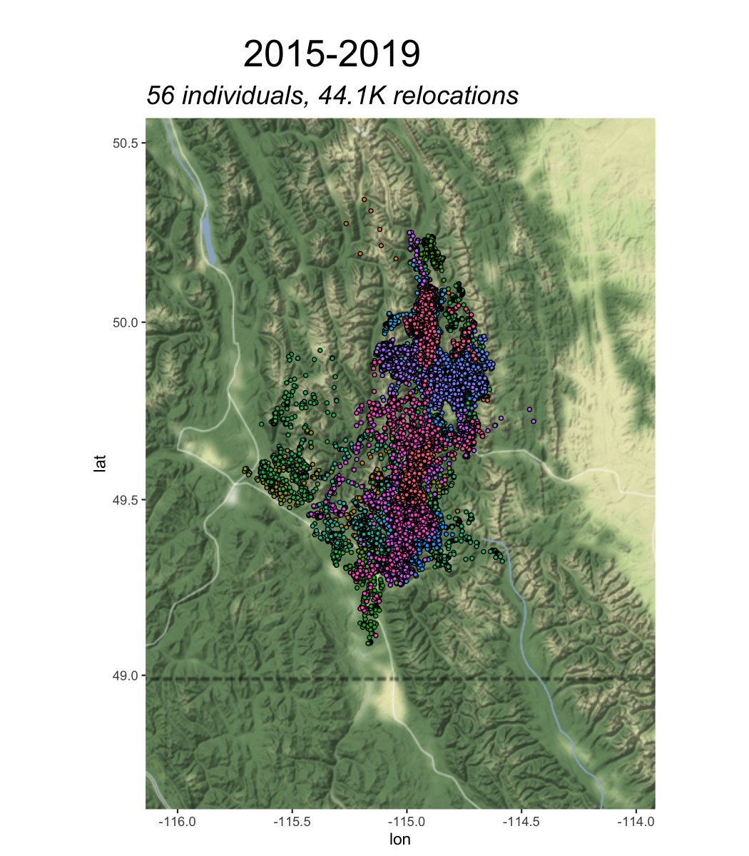 We have followed the lives of 56 grizzly bears in southeast BC. Males, females, young (3-6yo), to old (22+yo). We learn about where the animals live, how they navigate human-dominated landscapes, how many offspring they have, and if/when/how they die.