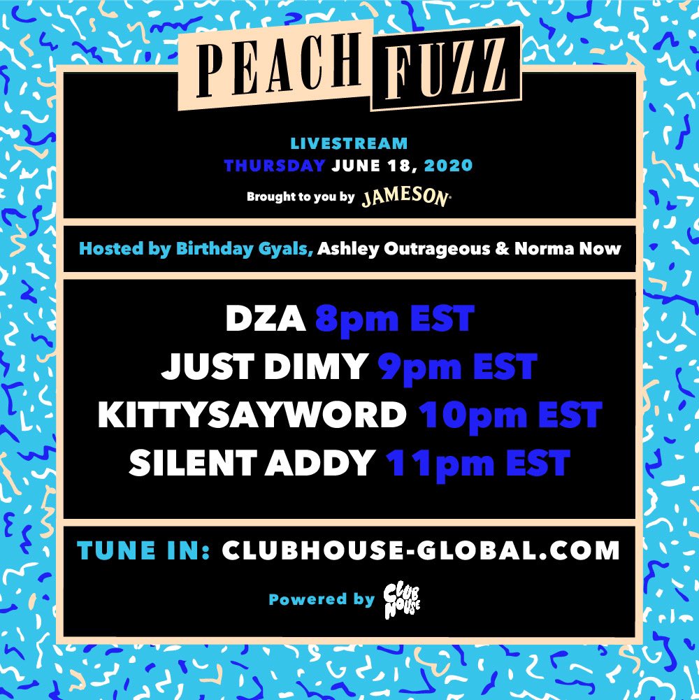 TONIGHT 🔹 Introducing our Thursday “Club Nights” w/ the infamous <a href="/PeachfuzzParty/">Peachfuzz</a> celebrating birthday gyals <a href="/aoutrageous/">Ashley Outrageous</a> &amp; <a href="/NormaNow/">Norma Now</a>! dj sets from @DZA3000 <a href="/justdimy/">JUST DIMY</a> <a href="/kittysayword/">CAT</a> <a href="/silentaddy/">ΛDDY</a> ✨ Brought to you by @jameson_us! See you at 8pm EST: clubhouse-global.com