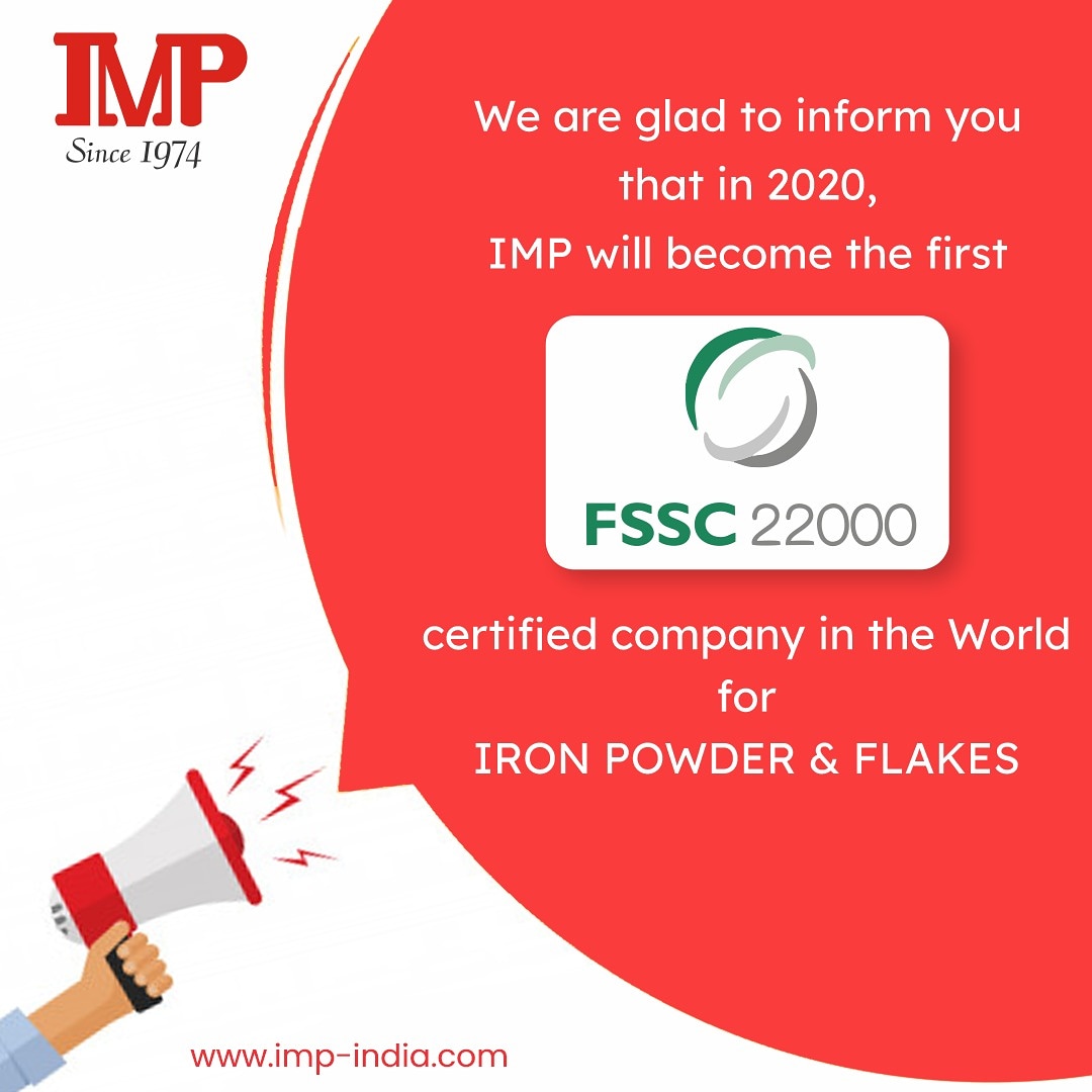 PowdersMetal's tweet photo. #AnotherCapInTheFeather
We are glad to inform you that in 2020, IMP will become the first FSSC 22000 certified company in the world for iron powder and flakes.
https://t.co/InybKVrZnY
#IMP #IMPIndia #IronPowder #IronFlakes #HighPurityIron #FSSC22000 #Certification https://t.co/AQr2qSygR9