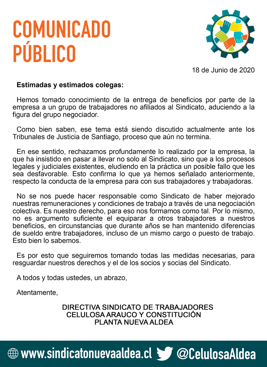 CelulosaAldea's tweet photo. COMUNICADO | @Arauco_cl  entrega beneficios a trabajadores no sindicalizados, pese a juicio pendiente. Posible práctica #antisindical @DirecDelTrabajo https://t.co/i7rV8dpAM6