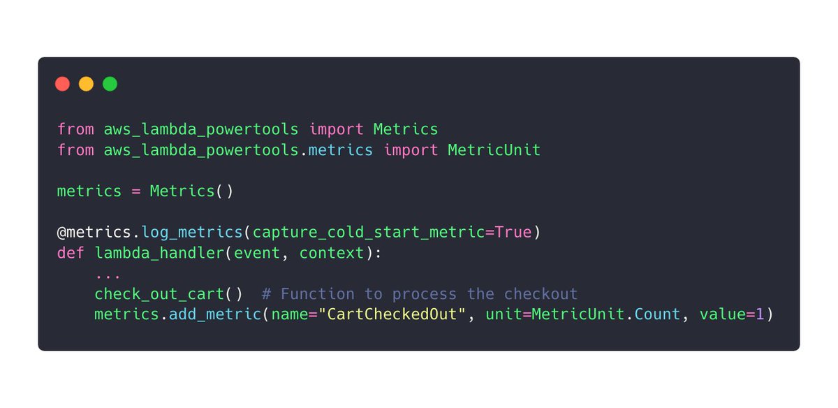 The third utility that came out was Metrics.Creating metrics asynchronously wasn't an easy task until CloudWatch Embedded Metric Format came out. We took that, and made it easier to use, capture cold start, and validation against common mistakes. https://awslabs.github.io/aws-lambda-powertools-python/core/metrics/