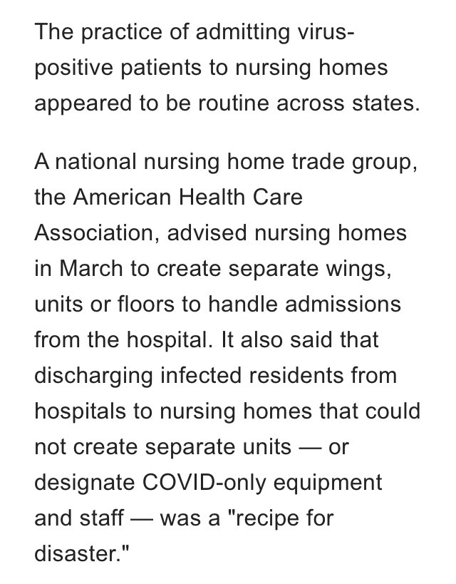 I would posit this practice was adhered to in the States where the deaths were unusually high. Confirmed to date in NY, NJ, Pennsylvania, & California did it too but covid deaths not massive there but excess deaths appear to be quite high.  https://www.pennlive.com/news/2020/05/nearly-50-nursing-homes-in-pa-have-20-or-more-deaths-tied-to-coronavirus.html