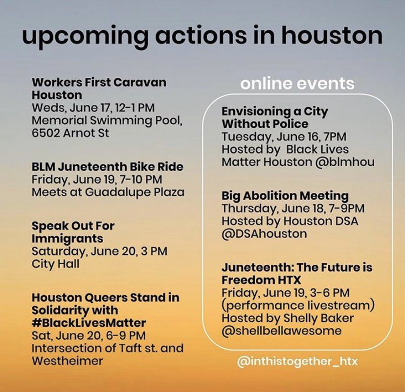blackyouthoftdy's tweet photo. Upcoming Event’s In Houston. A Thread.  #blacklivesmatter #allblacklivesmatter #blmhouston #blm #houstonprotest #madebytheyouthfortheyouth #tbyot 
credit: instagram @inthistogether_htx https://t.co/vziGUrSR4H