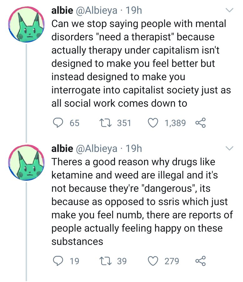 From lumping all branches of therapy together, to erasing the racist history of drug prohibition, to promoting addiction, this thread is one of the most harmful things I've seen on Twitter in a long time and today we're going to unpack all of it.