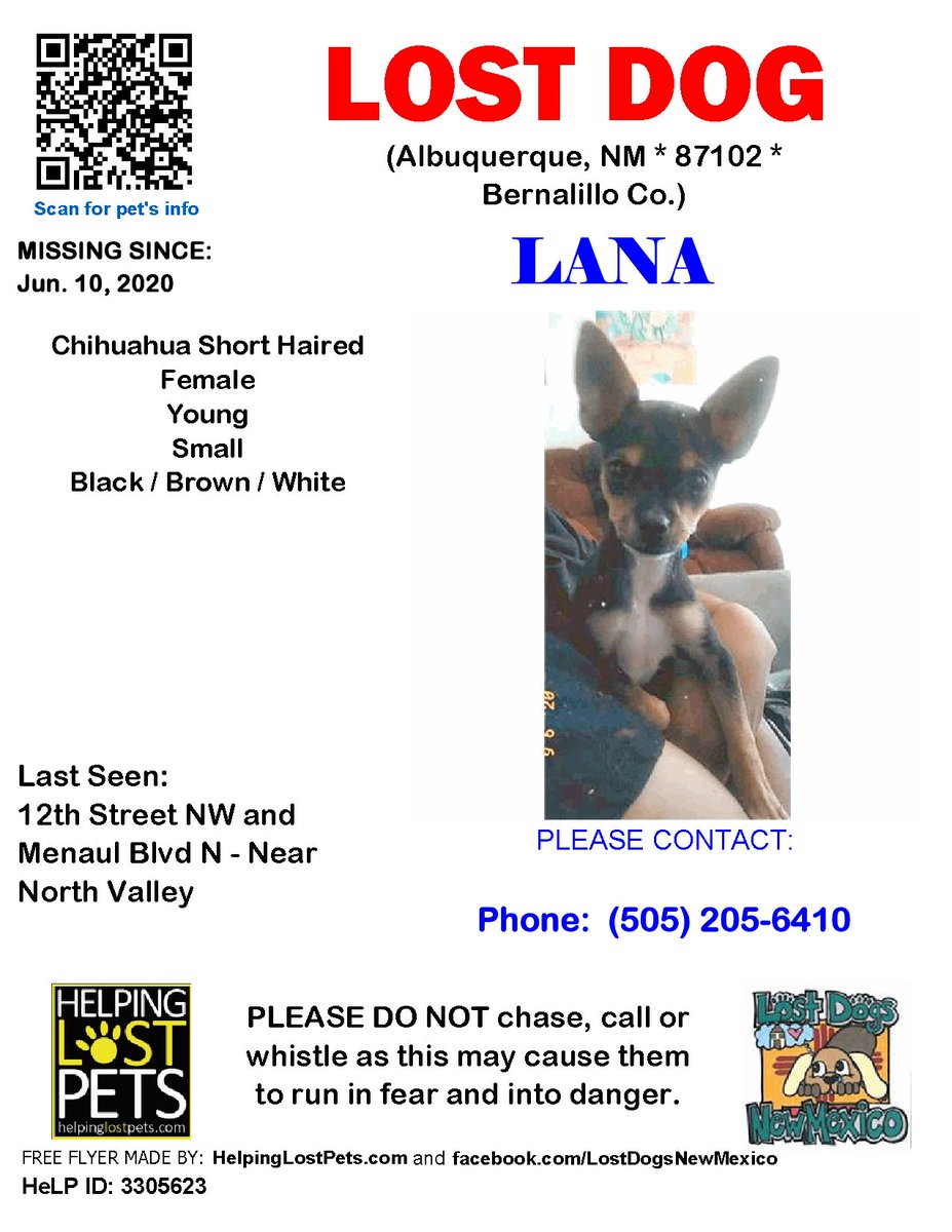#LOSTDOG #Lana #Albuquerque (12th Street NW &amp; Menaul Blvd N - Near North Valley) #NM 87102 #Bernalillo Co. , #Lost #Dog 06-10-2020!, Female #Chihuahua Short Haired Black / Brown / White

Contact: petfbi.org/api/reports/vi…

Let's get Lana home!
#LostDogsNM #HelpingLostPets