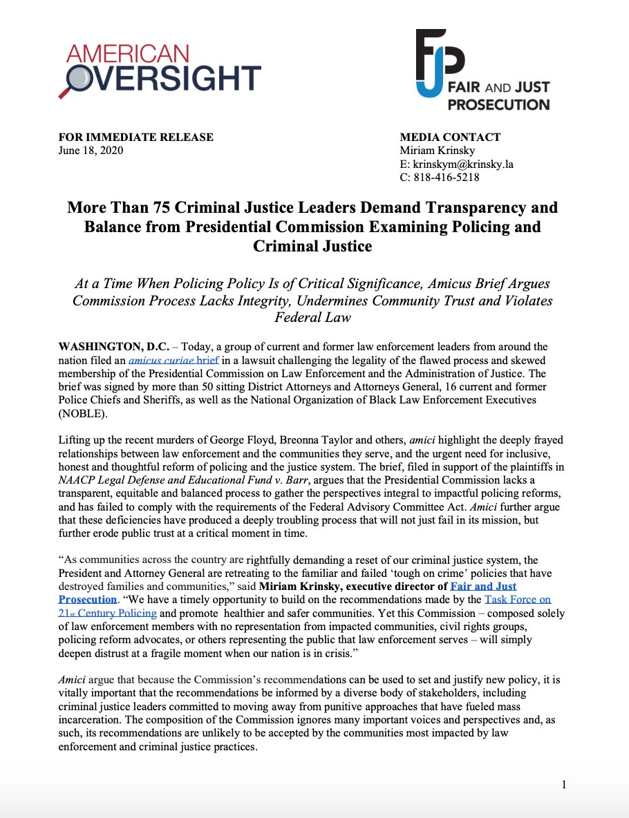 1/ BREAKING NEWS: 76 CJ leaders - DAs, AGs, Chiefs & Sheriffs nationwide - filed an amicus brief urging inclusive & thoughtful reform of policing & challenging the flawed process & Commission the President & AG have put in place to address these issues.  https://fairandjustprosecution.org/wp-content/uploads/2020/06/FACA-Amicus-Brief-Release.pdf