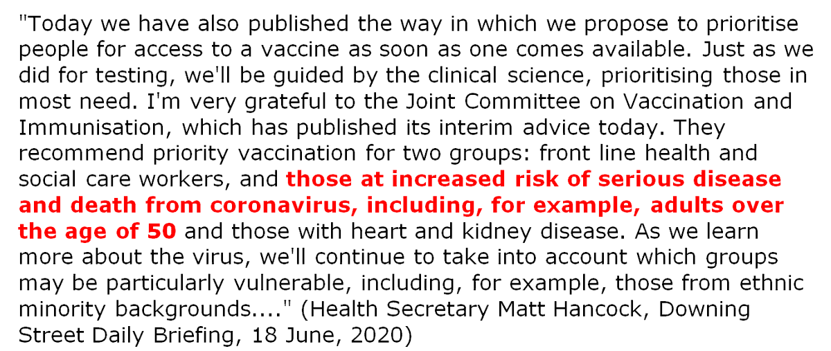 Health Secretary Matt Hancock has just declared, in the daily press briefing, that "those at increased risk of serious disease and death from coronavirus" include "adults over the age of 50". Fuller statement.