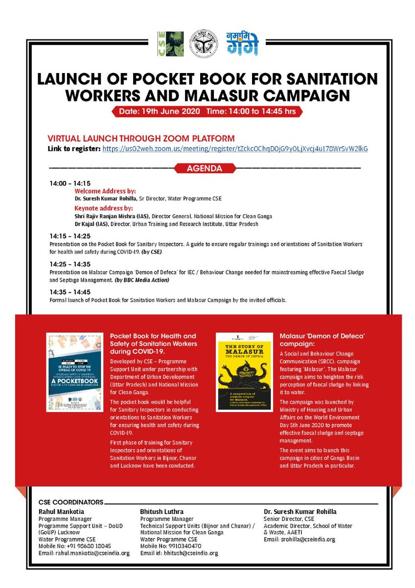 R C Lakhchaura (@lakhchaurar) on Twitter photo Launch of pocket book for #health and #safety of #Sanitation #workers during Covid-19 and Malasur 'Demon of Defeca' campaign to promote #fsm,
June 19th 2020 at 14:00 hrs
<a href="/kajal_fnu/">Dr. Kajal</a> <a href="/UPGovt/">Government of UP</a> @nagarvikasup <a href="/GopalJi_Tandon/">Ashutosh Tandon</a> <a href="/MoHUA_India/">Ministry of Housing and Urban Affairs</a> <a href="/myogioffice/">Yogi Adityanath Office</a> <a href="/CSEINDIA/">CSEINDIA</a> @skrohillacse Launch of pocket book for #health and #safety of #Sanitation #workers during Covid-19 and Malasur 'Demon of Defeca' campaign to promote #fsm,
June 19th 2020 at 14:00 hrs
<a href="/kajal_fnu/">Dr. Kajal</a> <a href="/UPGovt/">Government of UP</a> @nagarvikasup <a href="/GopalJi_Tandon/">Ashutosh Tandon</a> <a href="/MoHUA_India/">Ministry of Housing and Urban Affairs</a> <a href="/myogioffice/">Yogi Adityanath Office</a> <a href="/CSEINDIA/">CSEINDIA</a> @skrohillacse