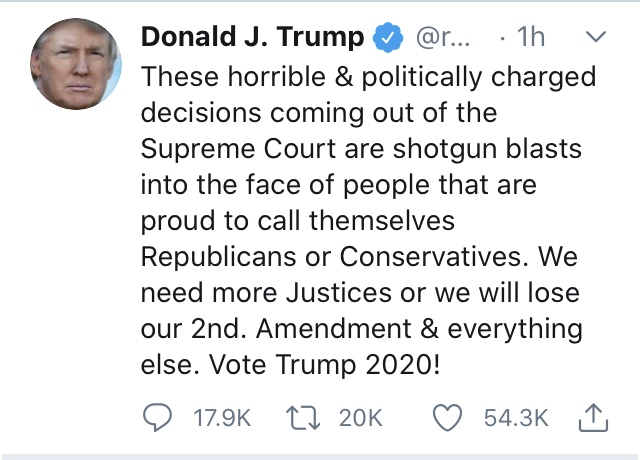 THREAD: Today, Trump accused the Supreme Court of attacking Americans with "shotgun blasts."By riling up his base, Trump increases the risk of violence for all judges, who he often delegitimizes when he doesn't like their decisions. 1/4