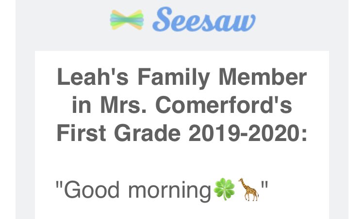 ComerfordCathy's tweet photo. I love my decision to keep my SeeSaw class / parent messaging up and running all summer! Itβs so nice to be able to stay in touch. @cumminsjm @ACES_AP #ACESPowerup #lovemyfirsties https://t.co/rlueFBdiin