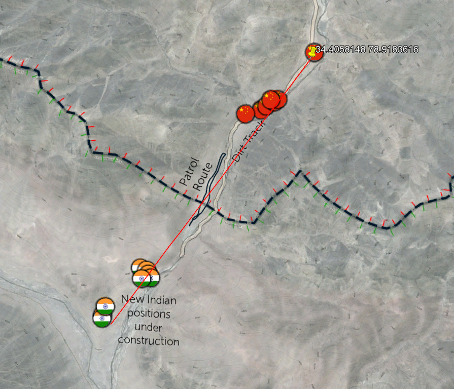 Another quick addition that I forgot to post (and thanks  @detresfa_ for reminding me), is that in the Hot Springs area, about 3km from the LAC there is about 12 towed artillery pieces pointing directly at the Indian construction that's occuring (bearing 217).