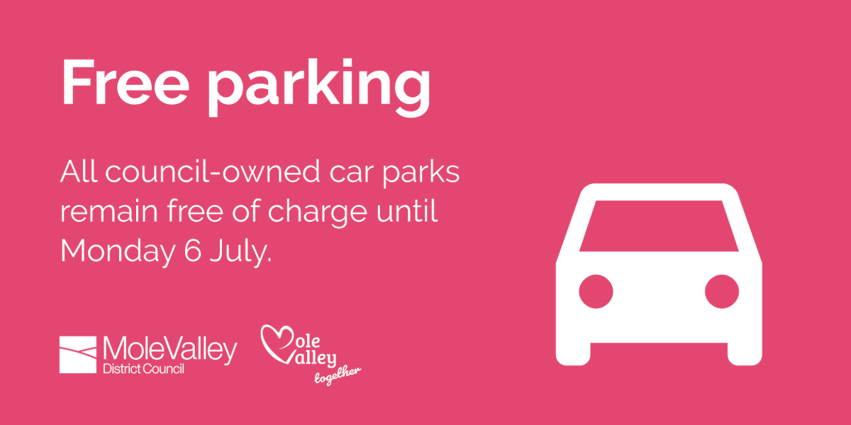 MoleValleyDC's tweet photo. All council-owned car parks across #molevalley remain free of charge until Monday 6 July. 

If you need to apply for a parking permit before this date, you can do so online at: https://t.co/3MDODYJG9u https://t.co/rymuMcaAZE