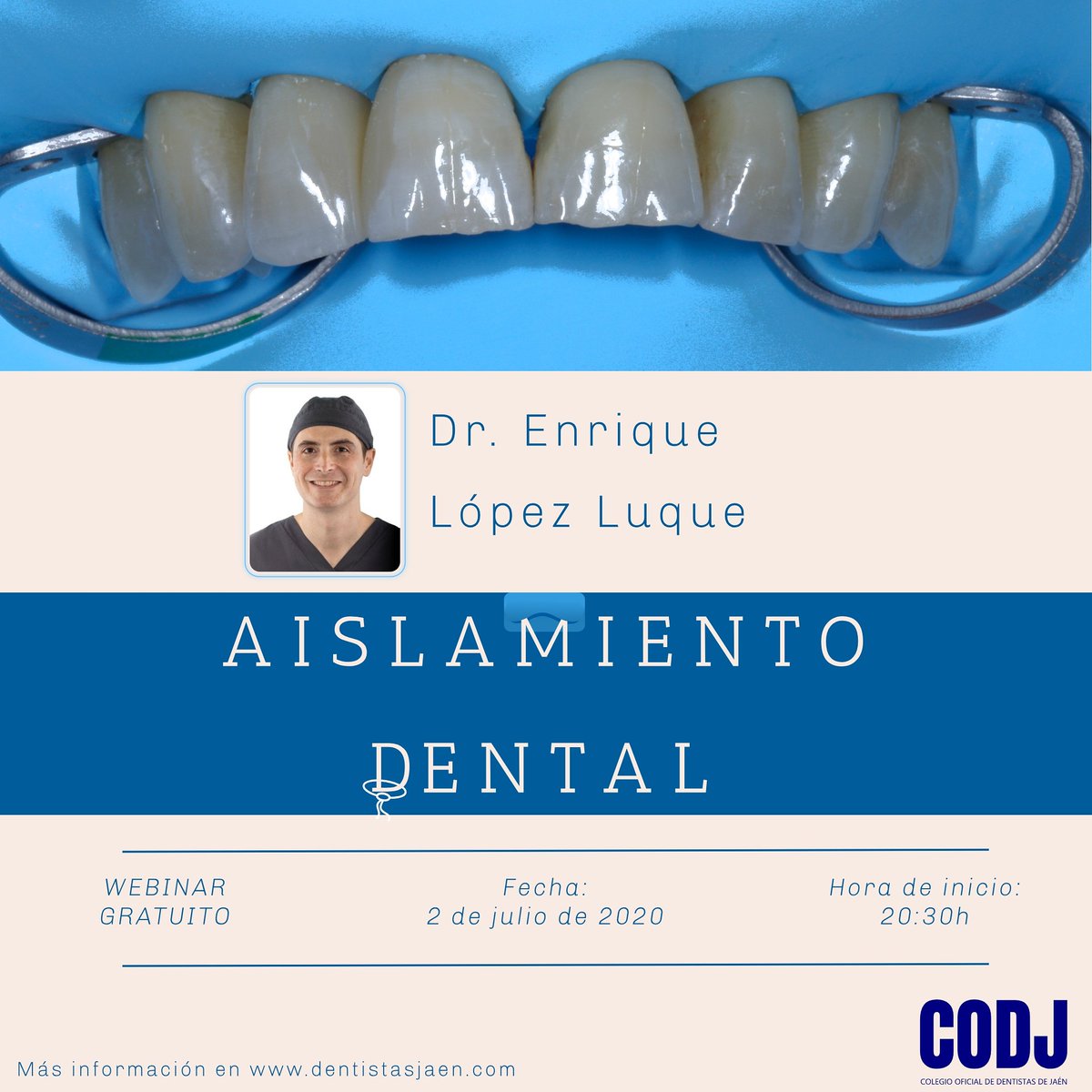 Os presentamos nuestro primer webinar gratuito, dirigido tanto a dentistas cómo a higienistas: Aislamiento dental. El 2 de julio, a las 20.30 horas,  de la mano del doctor D. Enrique López Luque.
Podéis encontrar más información en nuestra página web.
#cursosparadentistas