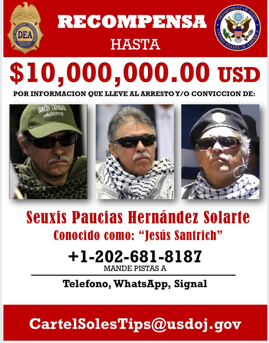 NTN24ve's tweet photo. #ATENCIÓN El Departamento de Estado de EE. UU. emite orden de captura y ofrece recompensa de $ 10 millones por los guerrilleros y narcos colombianos, Jesús Santrich e Iván Márquez https://t.co/DuFykQCYDs https://t.co/D1g4yGmv7b
