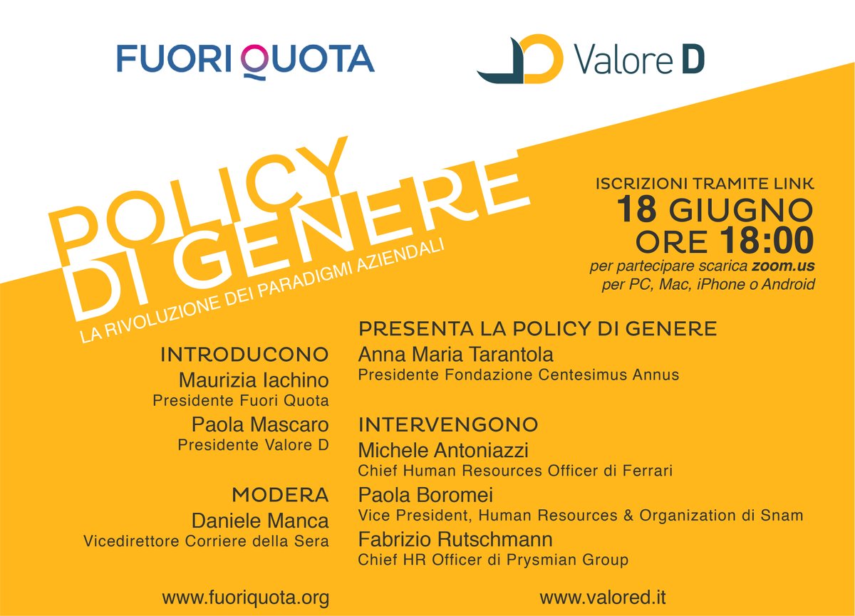 #fuoriquota e <a href="/ValoreD/">Valore D</a> presentano la policy di #genere e #inclusione. Introducono Maurizia Iachino e @paola_mascaro, modera <a href="/Daniele_Manca/">daniele manca</a> con <a href="/AMTarantola/">Anna Maria Tarantola</a> (<a href="/centannus_it/">Fond_CentesimusAnnus</a>), Fabrizio Rutschmann (<a href="/PrysmianGroup/">Prysmian</a>), Michele Antoniazzi (Ferrari) e Paola Boromei (@Snam)