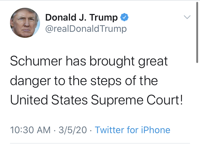 Trump tweeted that Schumer had "brought great danger" to the Supreme Court.Trump added that a Republican would've been "arrested or impeached" for similar comments.Well, we've already impeached Trump, so should we arrest him? 3/4