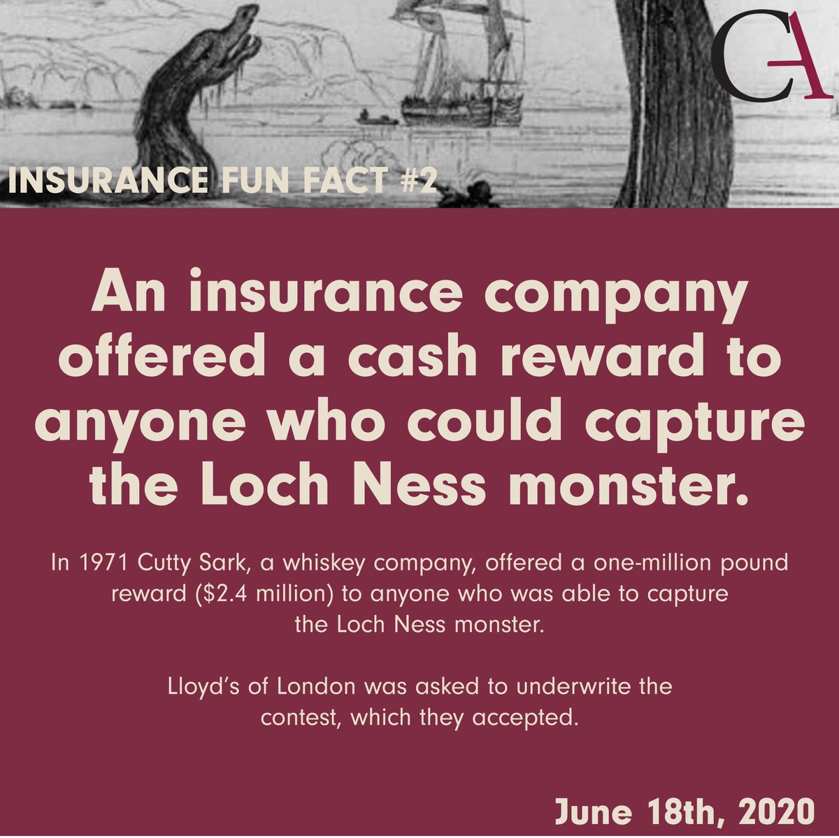 CuellarAssocLLC's tweet photo. It's time for another #InsuranceFunFact!! Today we're sharing part two in our fun fact series!
Lloyd's of London did have one condition - that they would get to keep the monster if found!
#satxinsurance #insurancecompany #satxbusiness https://t.co/a4cLC3M6aG