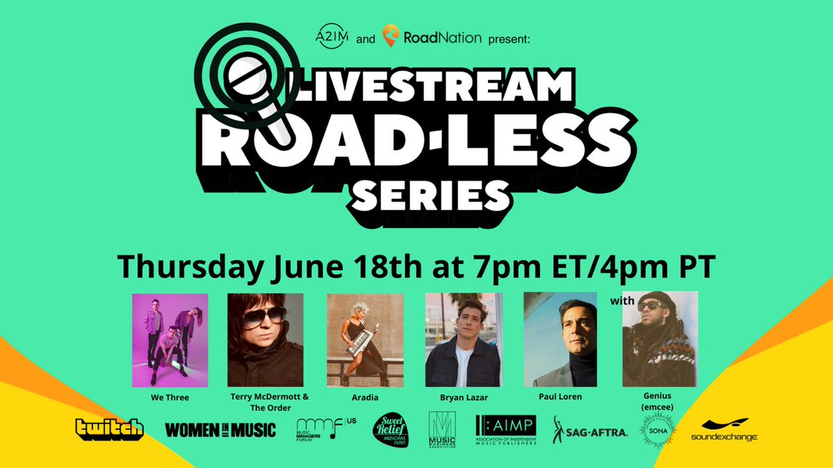 TONIGHT!!! Live performances with @wethreemusic, @AradiasMusic, @PaulLoren & many others! Jump on the RoadNation's Twitch at 7p ET/4p PT for the Livestream Roadless Series! ⁣
⁣
twitch.tv/roadnationoffi… ⁣
⁣
#RoadlessSeries #Livestream #music #newmusic #Twitch #Facebook #YouTube