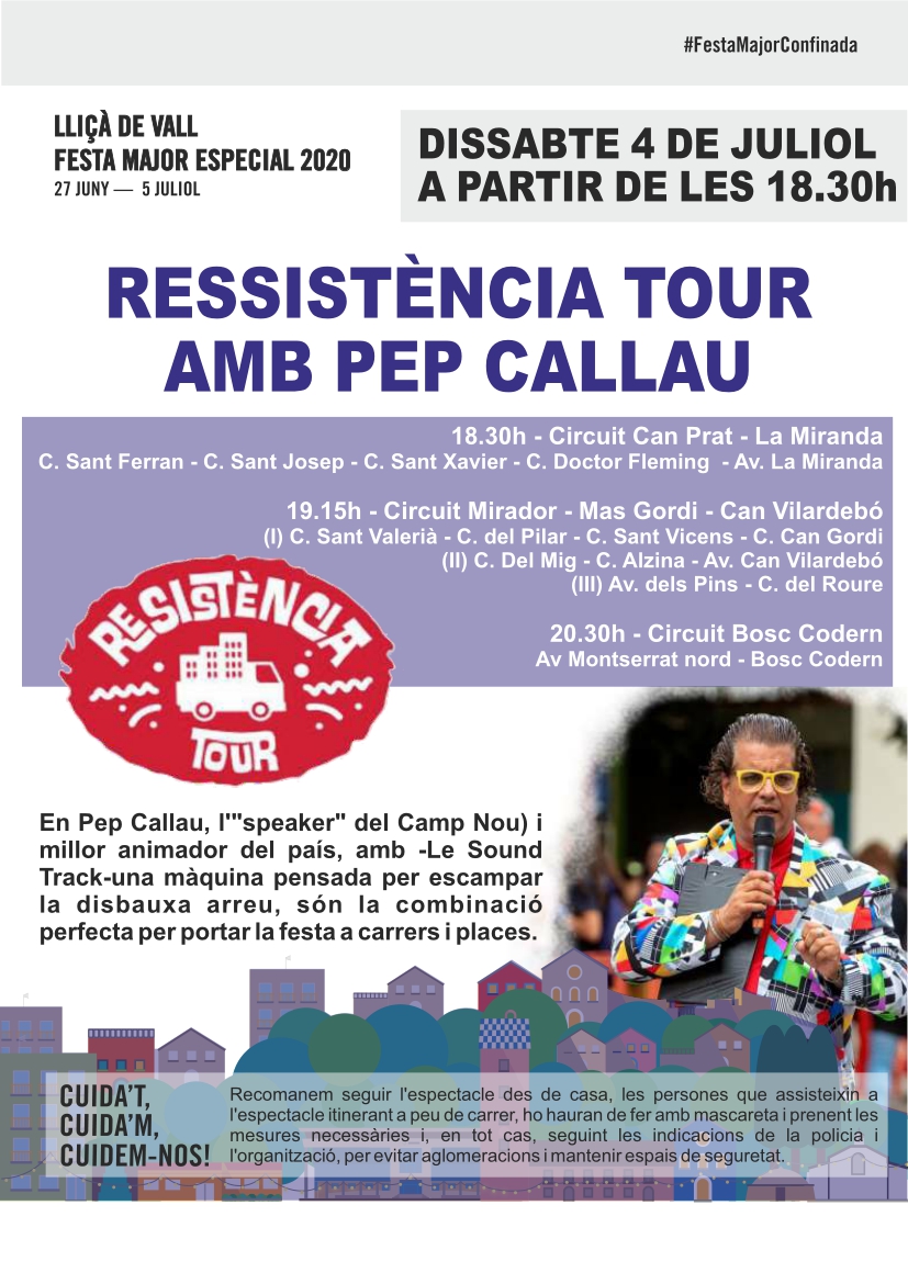 Demà a Lliçà de Vall, 'Resistència Tour' amb <a href="/CallauPep/">PepCallau</a>  i Els <a href="/pepsicolen/">Els Pepsicolen</a>. + INFO: llissadevall.cat/actualitat/lag…
<a href="/ajllissadevall/">Ajuntament de Lliçà de Vall</a> <a href="/culturaldv/">Cultura LdV</a> #festamajorlldv20 #festamajorconfinada